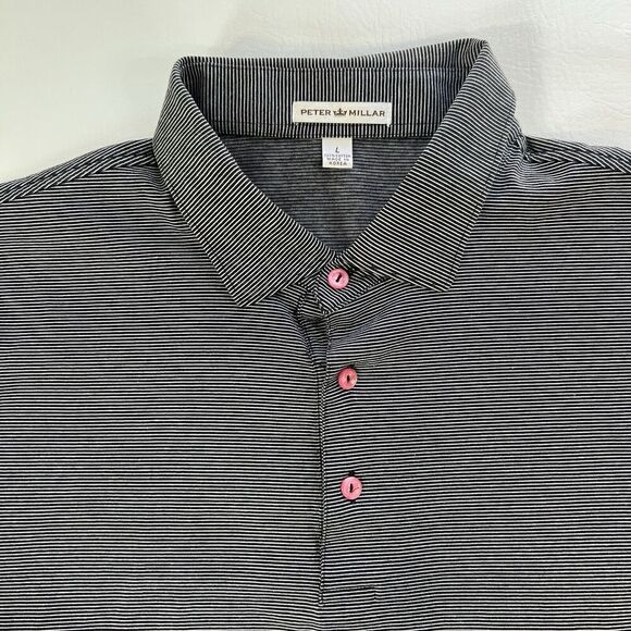 Peter Millar Mens Shirt Large Black White Stripe Pullover Polo Shirt Pink Button - Picture 2 of 8